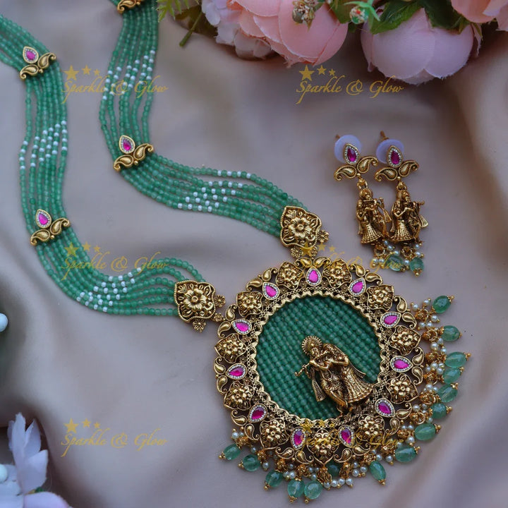 Elegant Radha krishna pendant red beads long necklace - Green - Sparkle and Glow