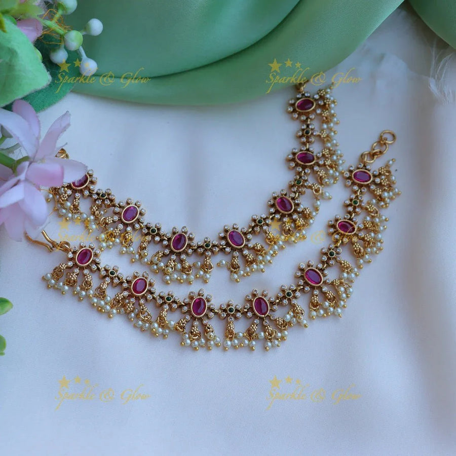 Simple and elegant floral design kemp stone and pearl earchain - Pink - Sparkle and Glow