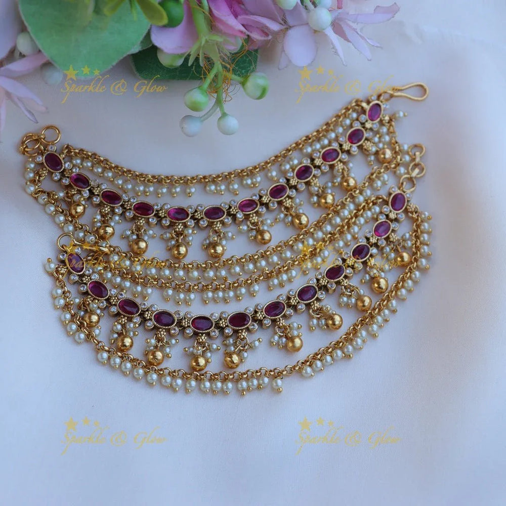 Stunning pearl and stone earchain - Green - Sparkle and Glow