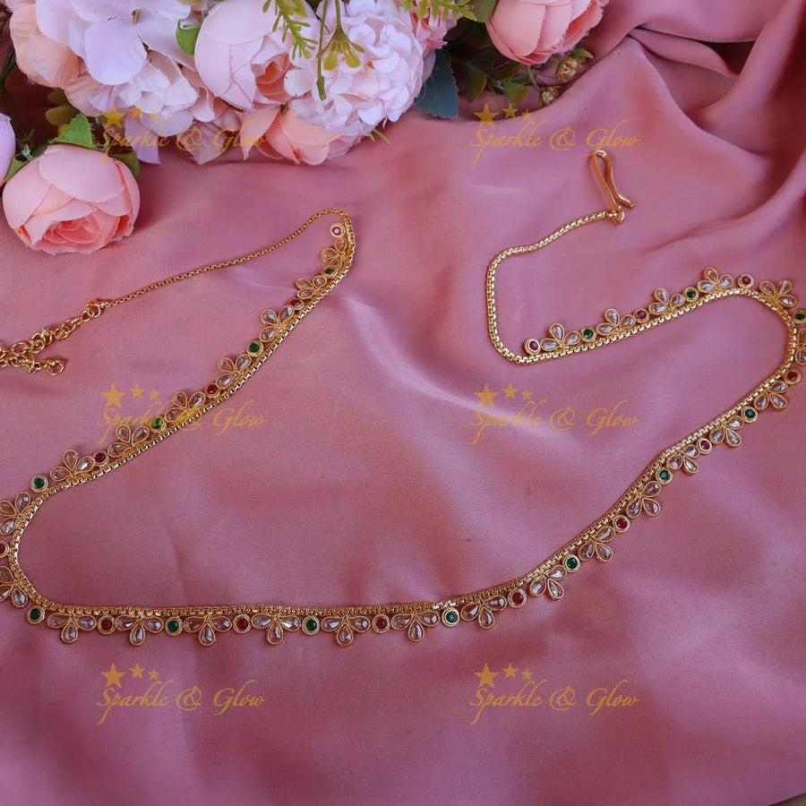Beautiful leaf design CZ stone thin hip chain - Pearl - Sparkle and Glow