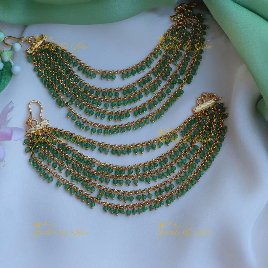 Gorgeous green beads five layer earchain - Sparkle and Glow