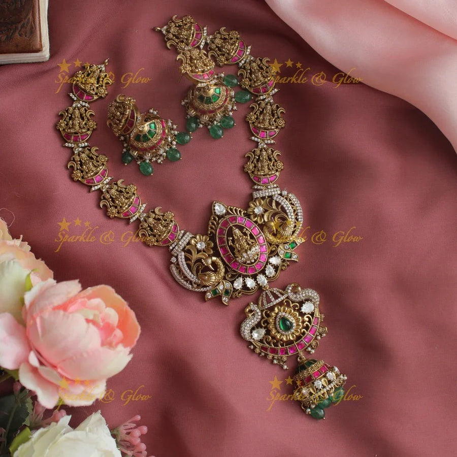 Pretty peacock and lakshmi design jadau and cz stone Short necklace - Sparkle and Glow