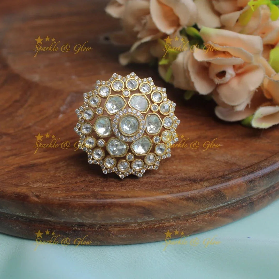 Pretty floral design kundan stones finger ring - Sparkle and Glow