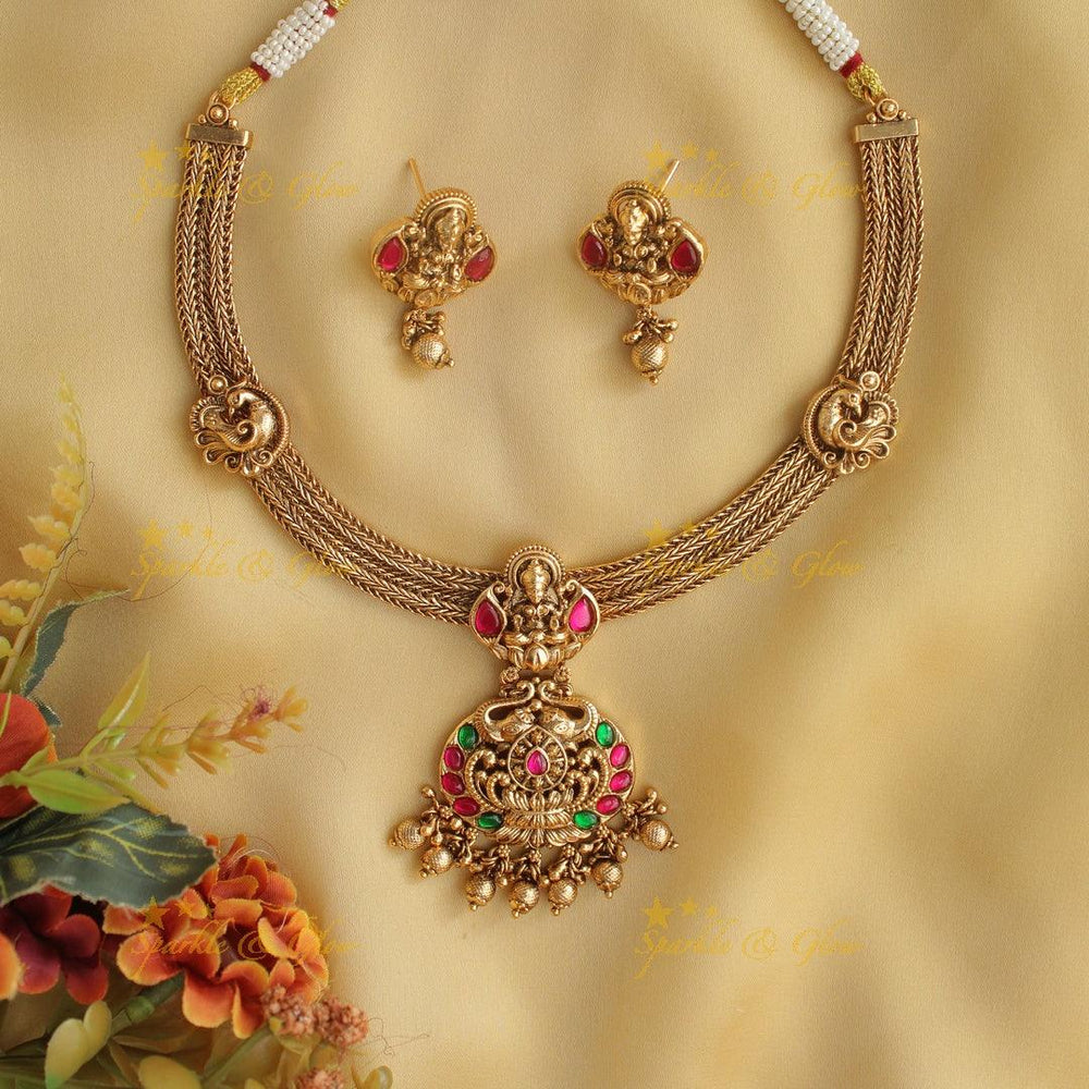 Elegant lakshmi and elephant design Mint green beads hasli short necklace - Mint Green - Sparkle and Glow