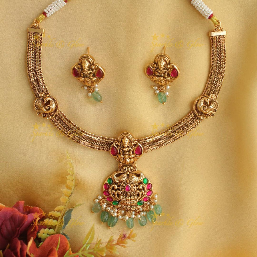 Elegant lakshmi and elephant design Mint green beads hasli short necklace - Mint Green - Sparkle and Glow