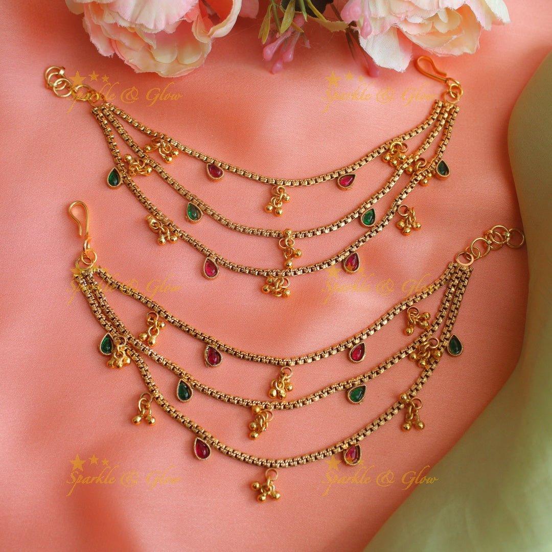 Statement Gold alike Oval design Three layered Earchain with gold beads - Sparkle and Glow