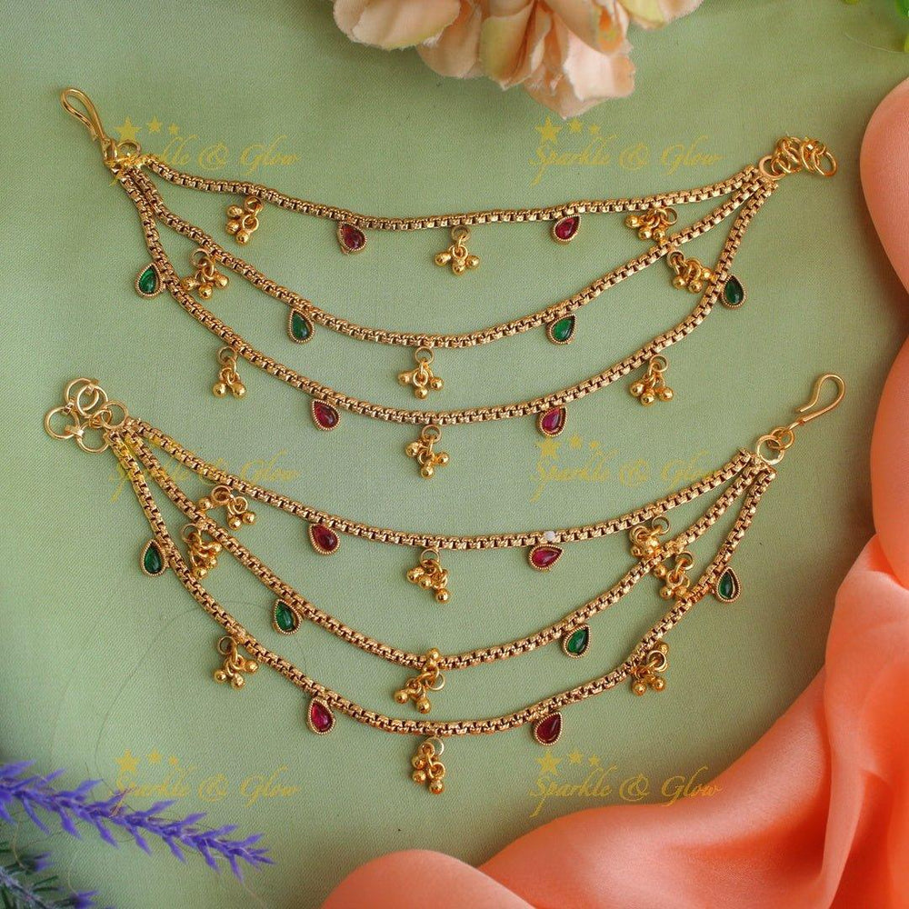 Statement Gold alike Oval design Three layered Earchain with gold beads - Sparkle and Glow