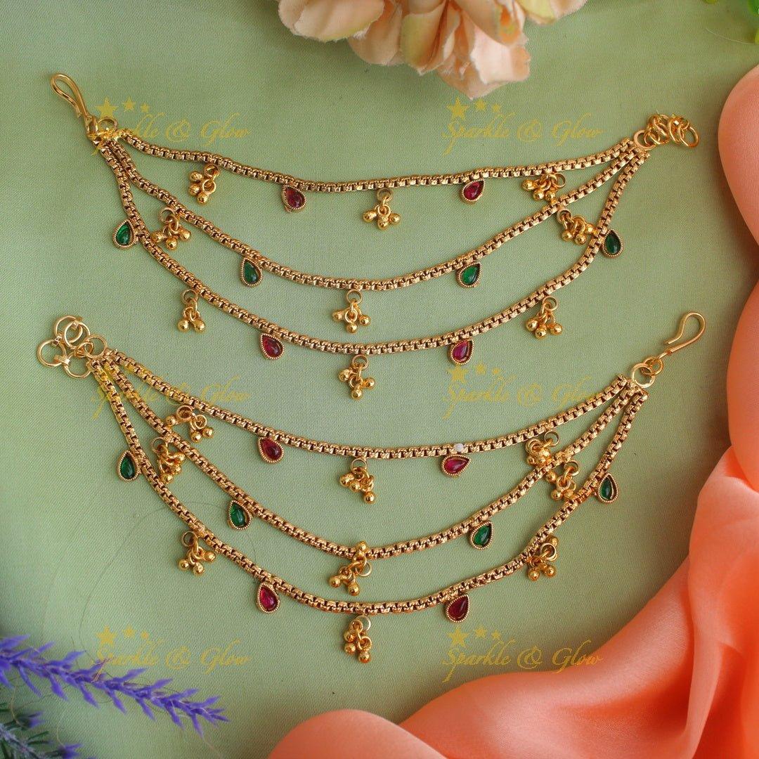 Statement Gold alike Oval design Three layered Earchain with gold beads - Sparkle and Glow