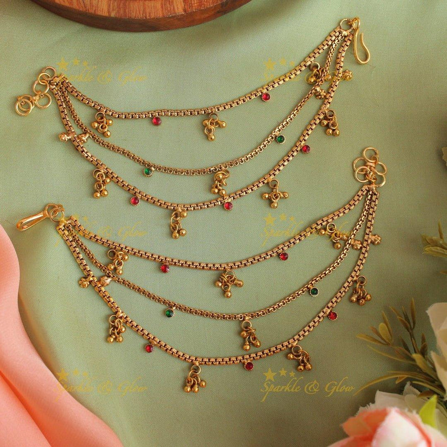 Statement Gold alike Dotted Three layered Earchain with gold beads - Sparkle and Glow