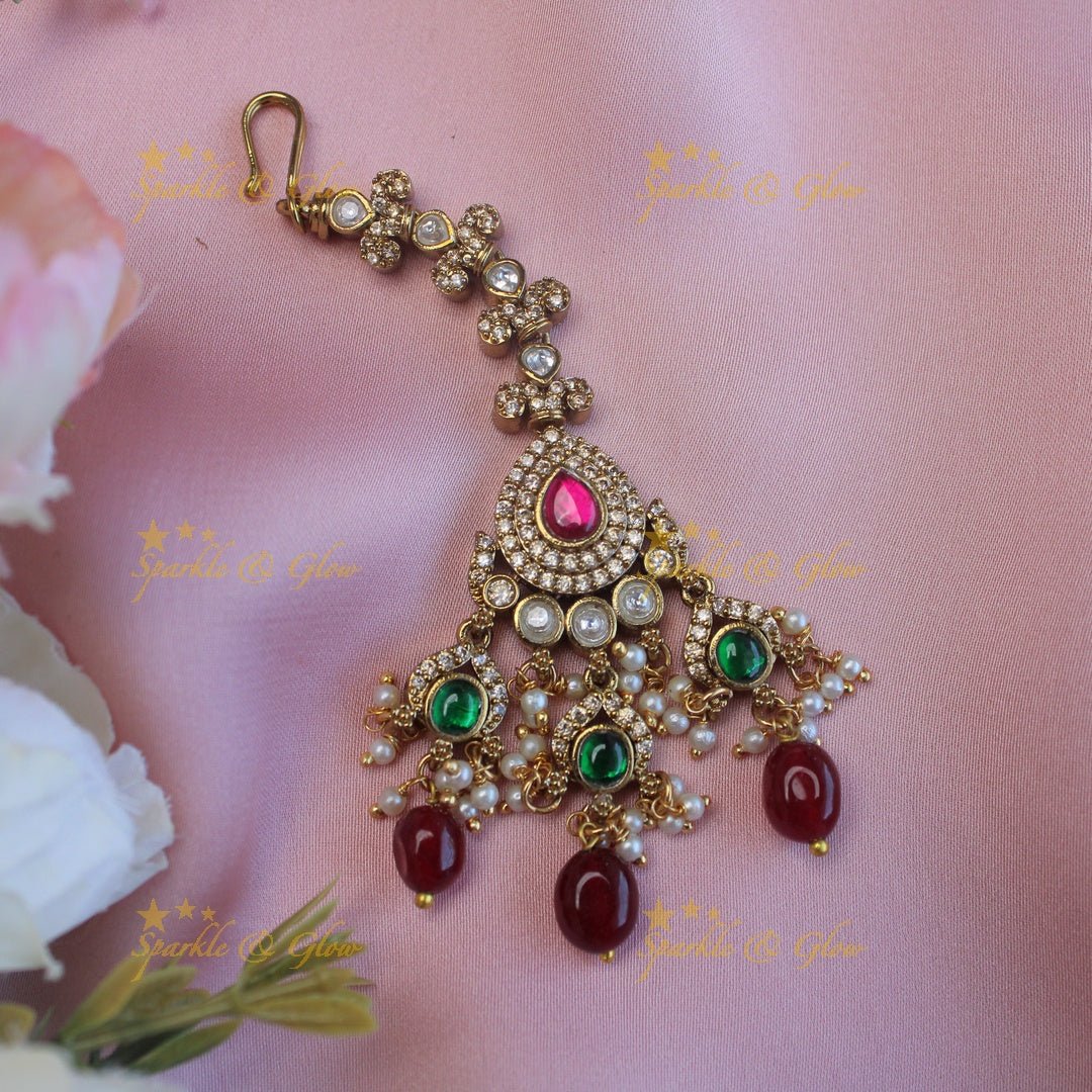 Gorgeous victorian multi colour with green beads maang tikka - Red - Sparkle and Glow -