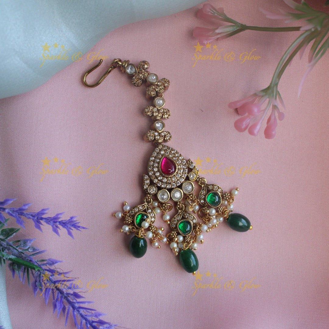 Gorgeous victorian multi colour with green beads maang tikka - Green - Sparkle and Glow