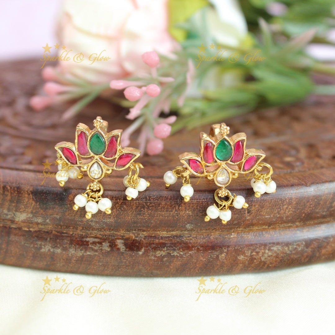 Pretty multi colour jadau stones lotus bugadi earrings - Sparkle and Glow -