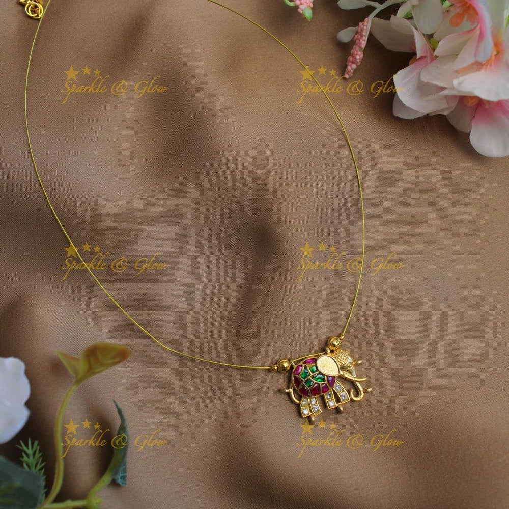 Gorgeous elephant design jadau stone pendant with invisible chain short necklace - Pink and white - Sparkle and Glow