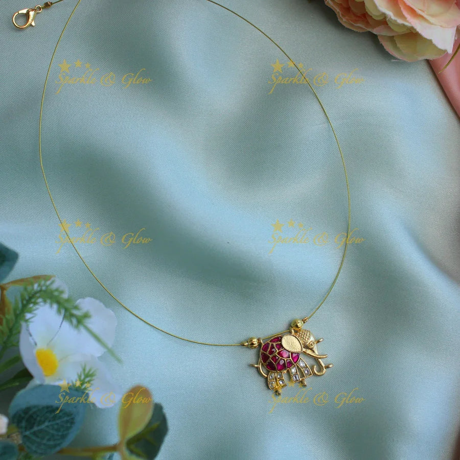 Gorgeous elephant design jadau stone pendant with invisible chain short necklace - Pink and white - Sparkle and Glow