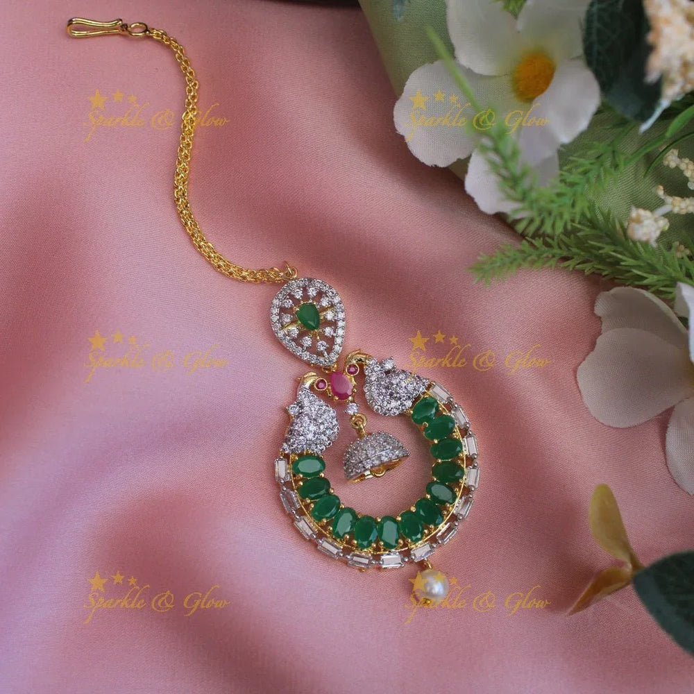 Gracious Dual tone Peacock Jhumuka drop GJ polish Maang Tikka-Green - Sparkle and Glow