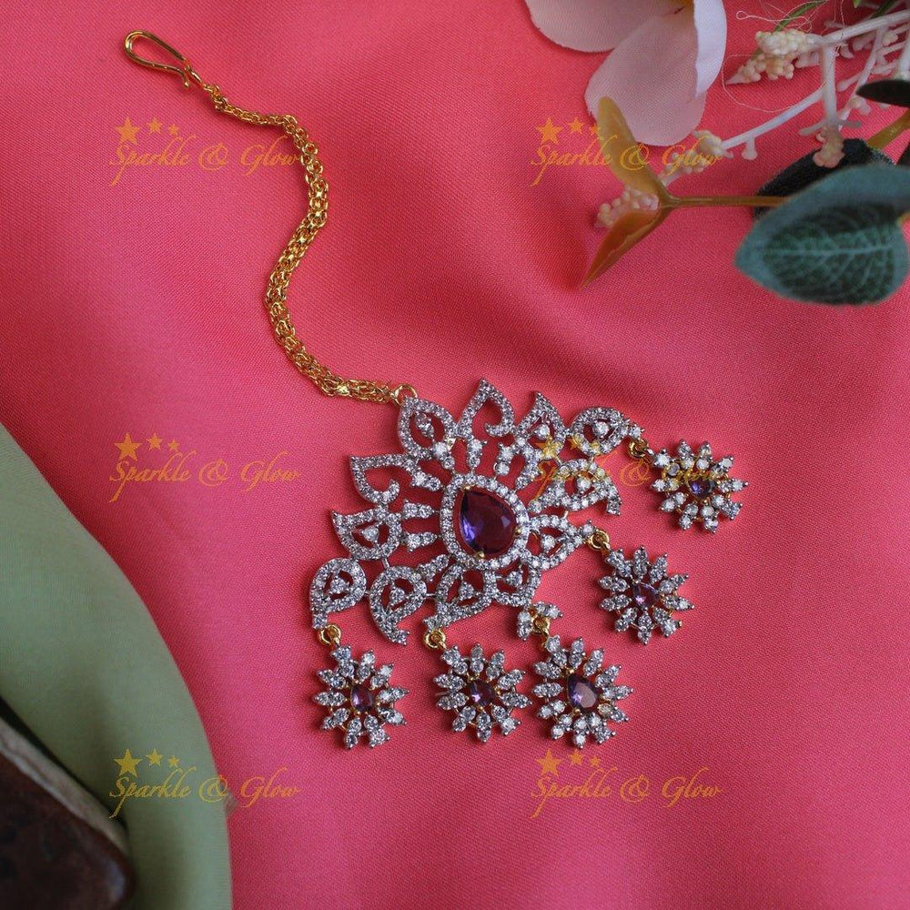 Stunning Mango Floral design GJ polish Maang Tikka-Purple - Sparkle and Glow