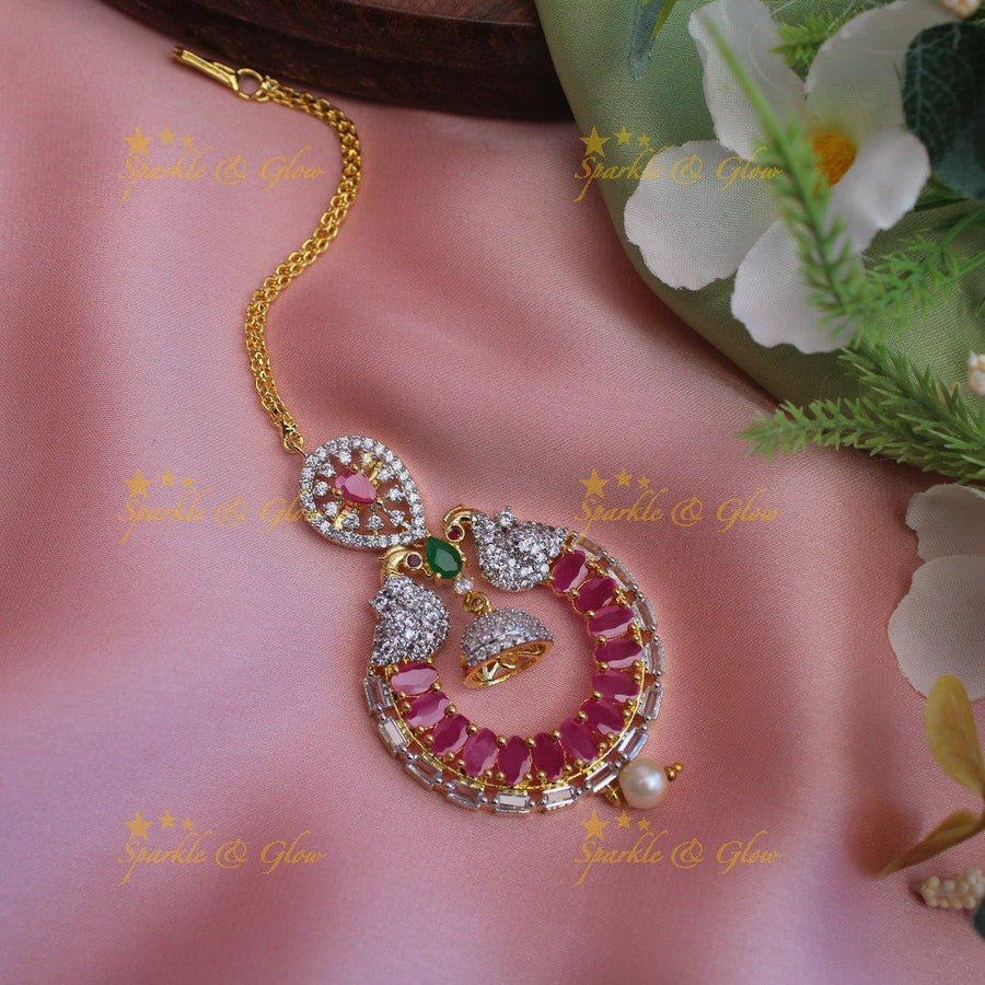 Gracious Dual tone Peacock Jhumuka drop GJ polish Maang Tikka-Green - Sparkle and Glow