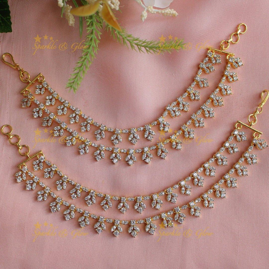 Stunning Leaf design Two layered American diamond Earchain - Sparkle and Glow