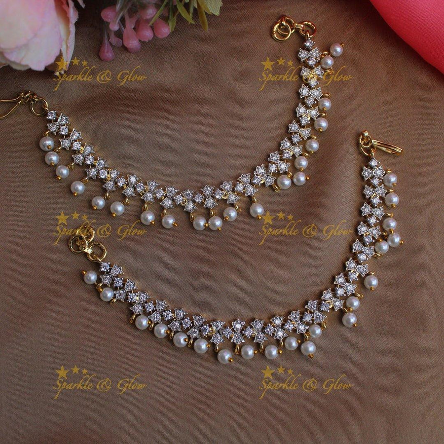 Gracious Floral Single line American diamond Earchian with pearls - Sparkle and Glow