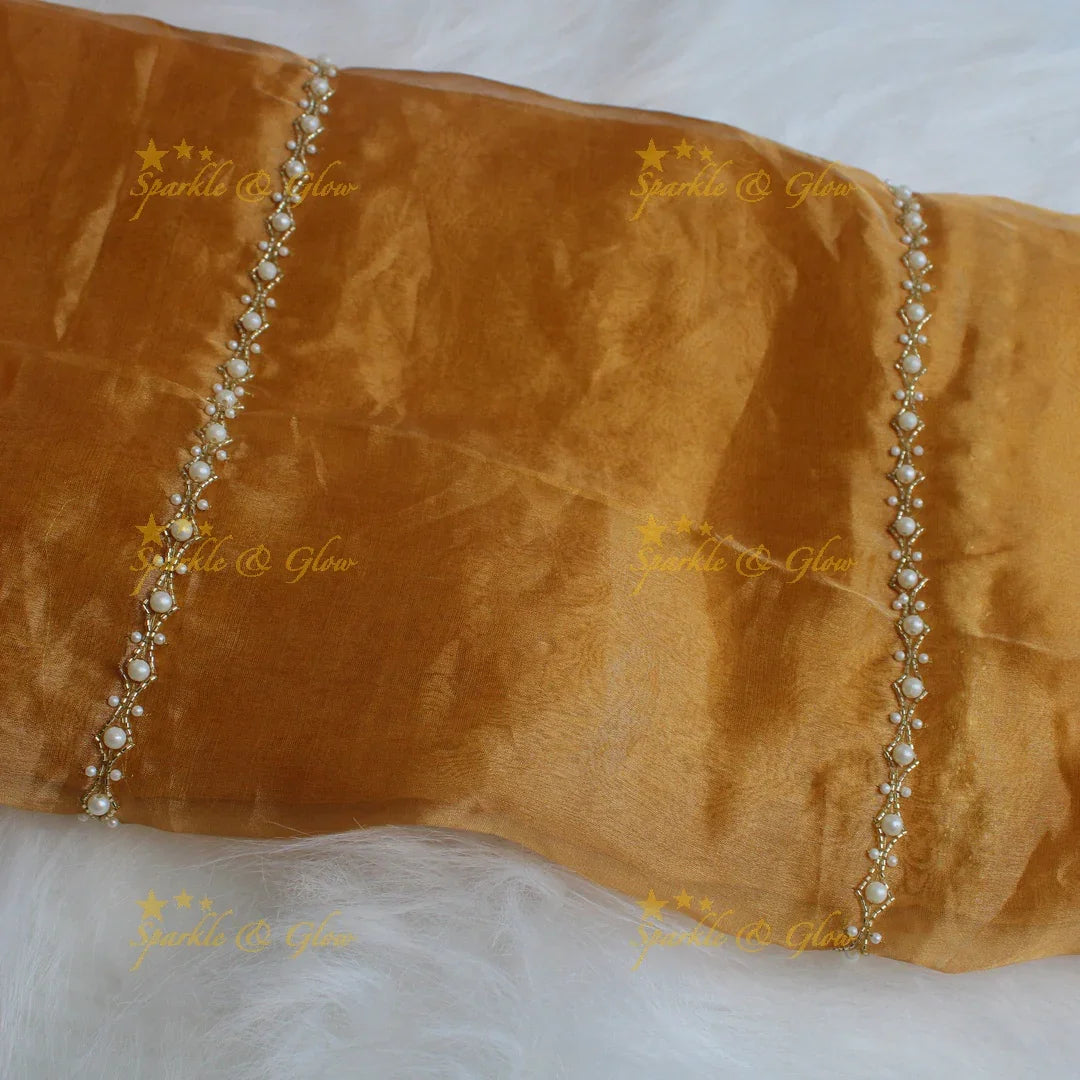 Grand gold colour silk organza saree with beads design with design blouse piece - Sparkle and Glow