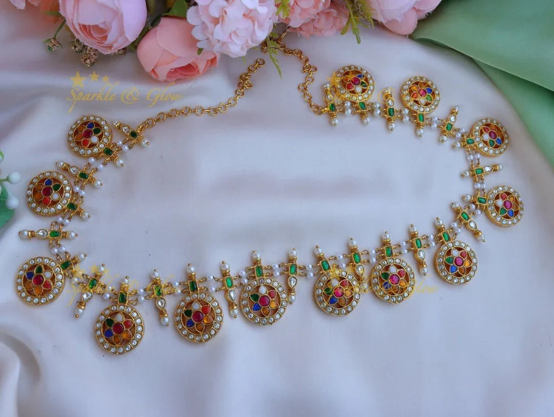 Jadau kundan navarathna kasu and coin hip chain - Sparkle and Glow