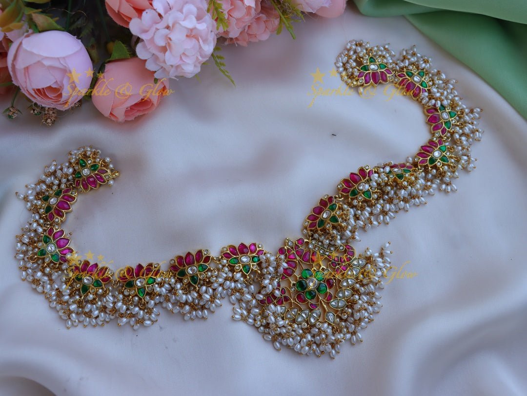 Beautiful Gheru gold jadau lotus rice pearl hip chain - Sparkle and Glow -