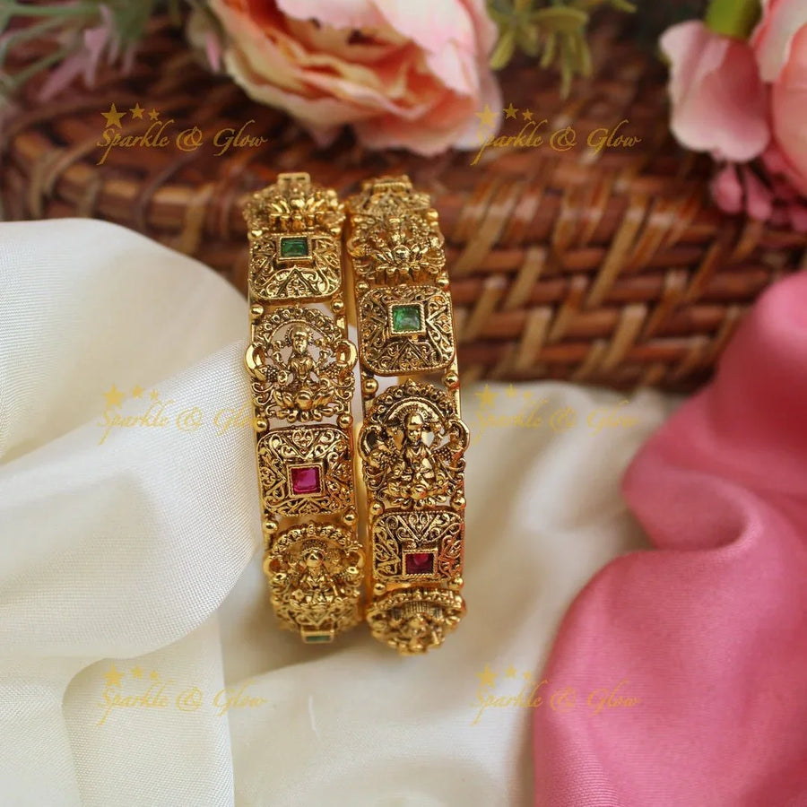 Pretty lakshmi design green and pink stones bangles - Sparkle and Glow