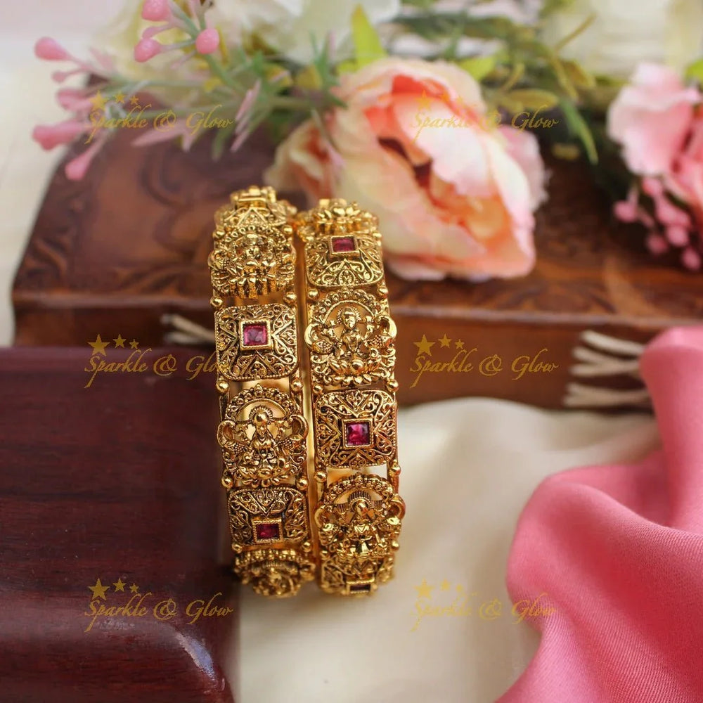 Pretty lakshmi design green and pink stones bangles - Sparkle and Glow