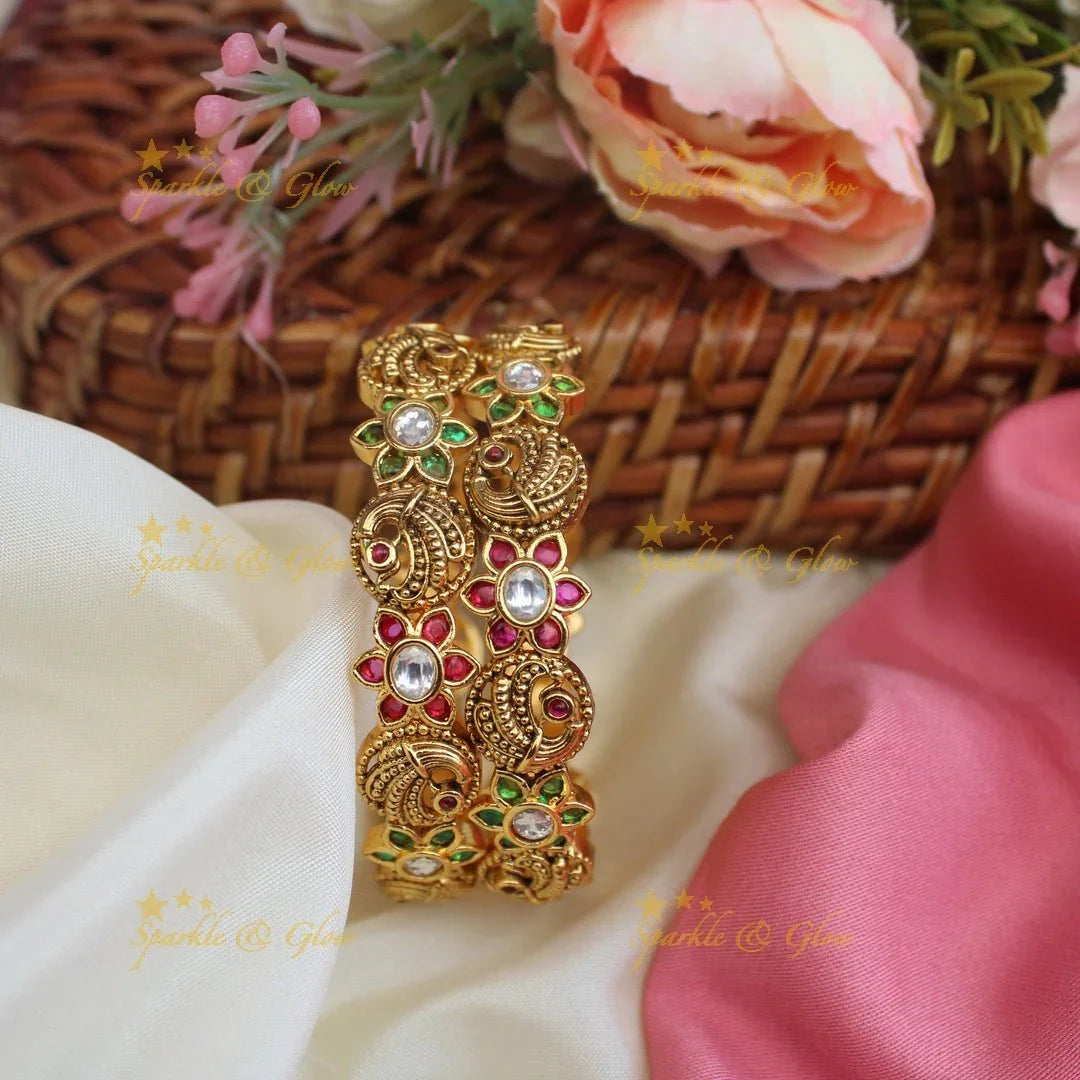 Stunning peacock and floral design bangles with multi colour stones - 2.4 - Sparkle and Glow