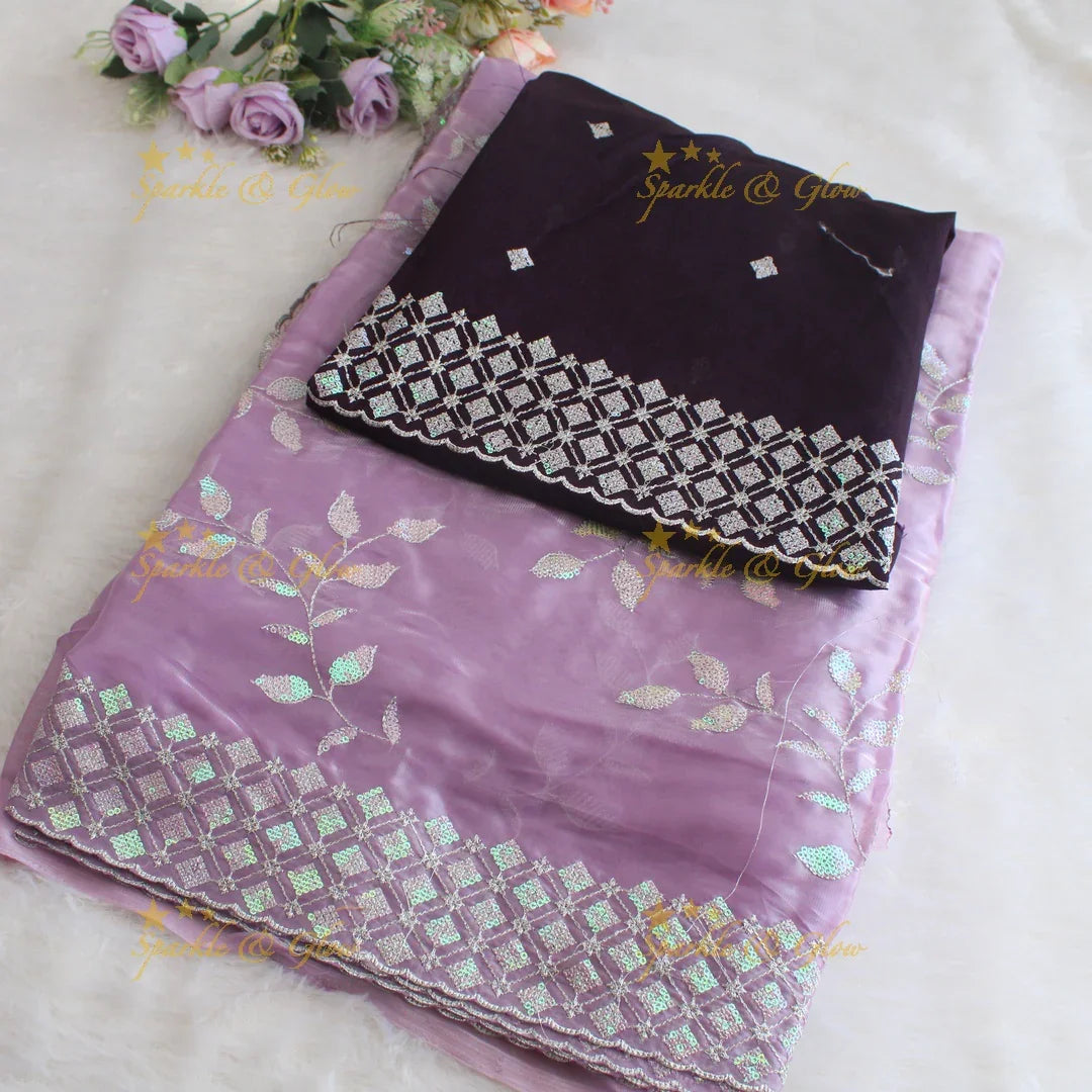 Beautiful leaf design lavender colour organza saree with dark purple blouse piece - Sparkle and Glow