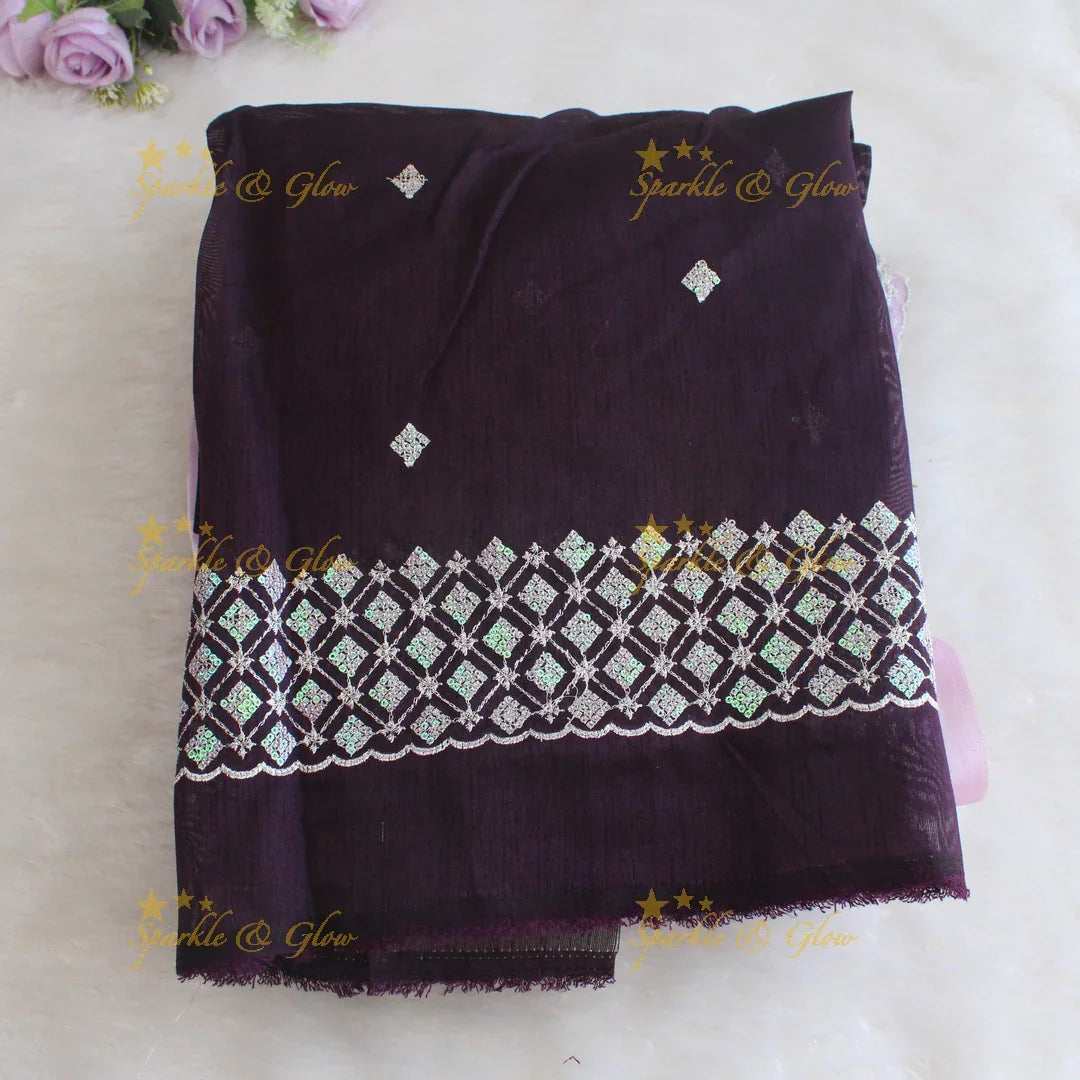 Beautiful leaf design lavender colour organza saree with dark purple blouse piece - Sparkle and Glow