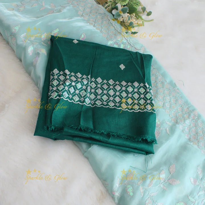 Beautiful leaf design lavender colour organza saree with dark purple blouse piece - Sparkle and Glow