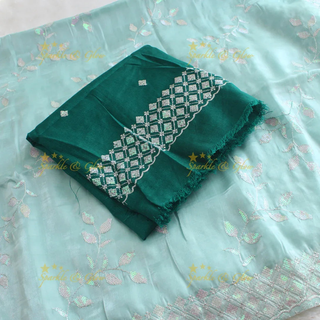 Beautiful leaf design lavender colour organza saree with dark purple blouse piece - Sparkle and Glow