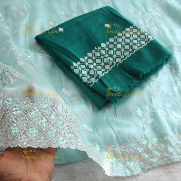 Beautiful leaf design lavender colour organza saree with dark purple blouse piece - Sparkle and Glow