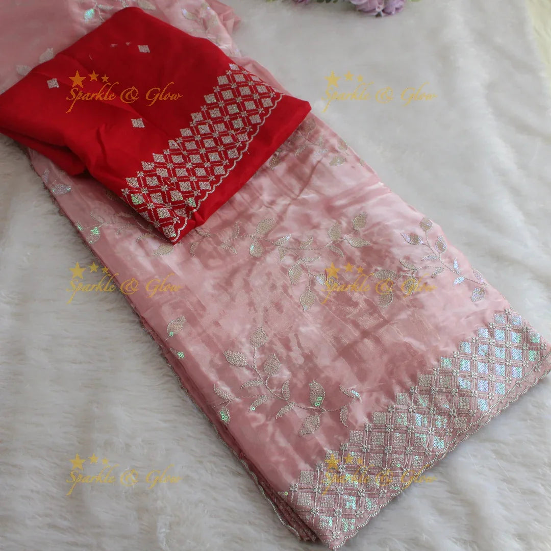 Beautiful leaf design lavender colour organza saree with dark purple blouse piece - Sparkle and Glow