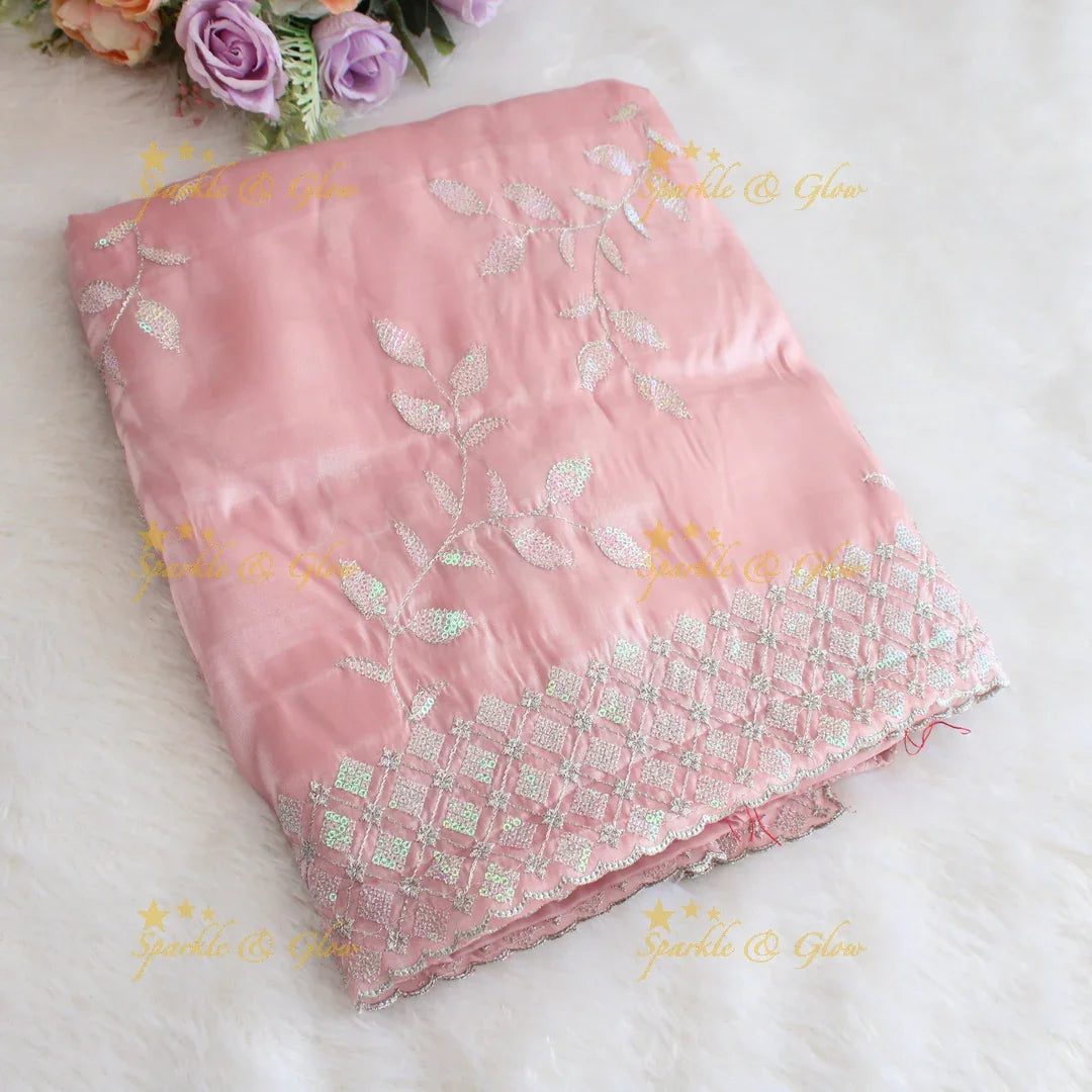 Beautiful leaf design lavender colour organza saree with dark purple blouse piece - Sparkle and Glow