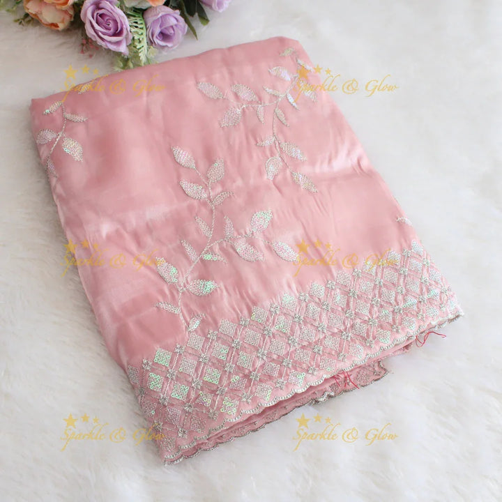 Beautiful leaf design lavender colour organza saree with dark purple blouse piece - Sparkle and Glow