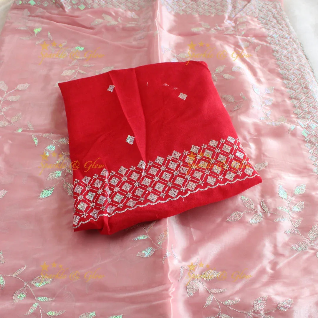 Beautiful leaf design lavender colour organza saree with dark purple blouse piece - Sparkle and Glow