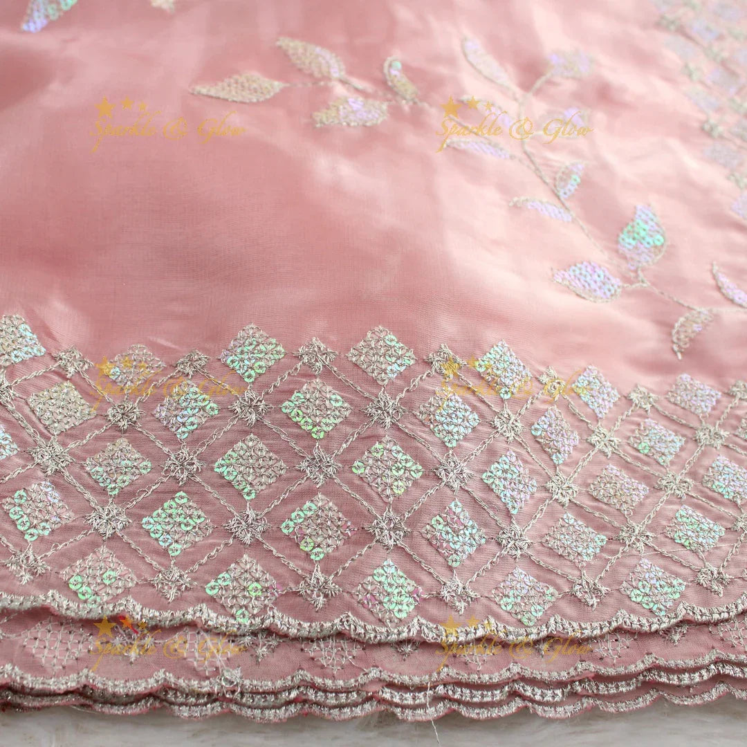 Beautiful leaf design lavender colour organza saree with dark purple blouse piece - Sparkle and Glow