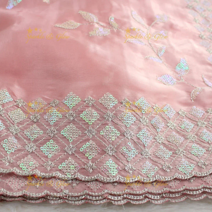 Beautiful leaf design lavender colour organza saree with dark purple blouse piece - Sparkle and Glow