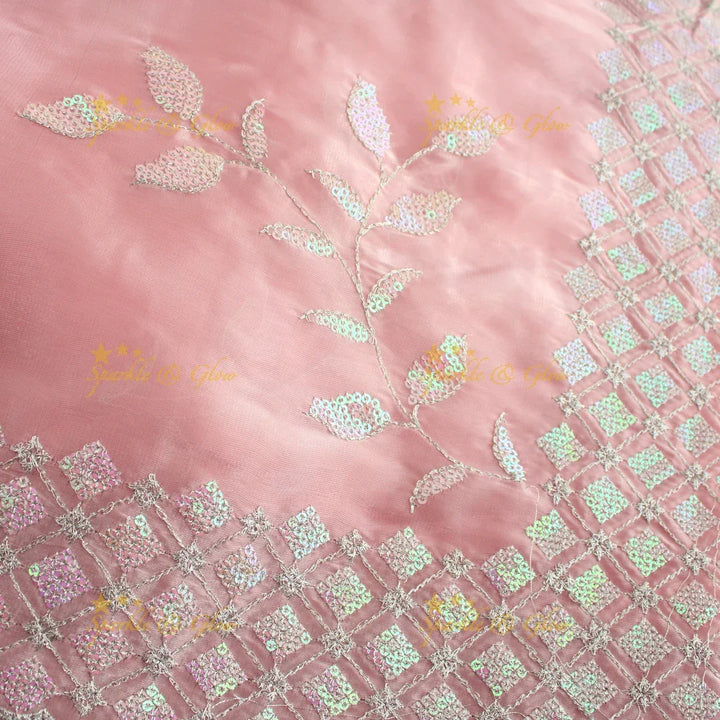 Beautiful leaf design lavender colour organza saree with dark purple blouse piece - Sparkle and Glow