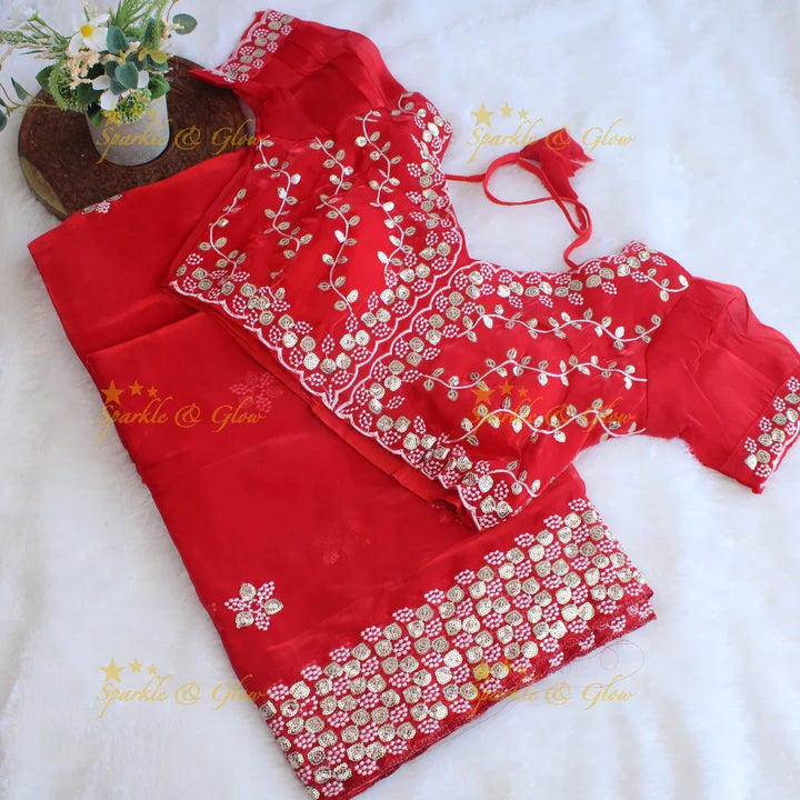 Gorgeous floral and leaf design organza saree with readymade blouse - Sparkle and Glow