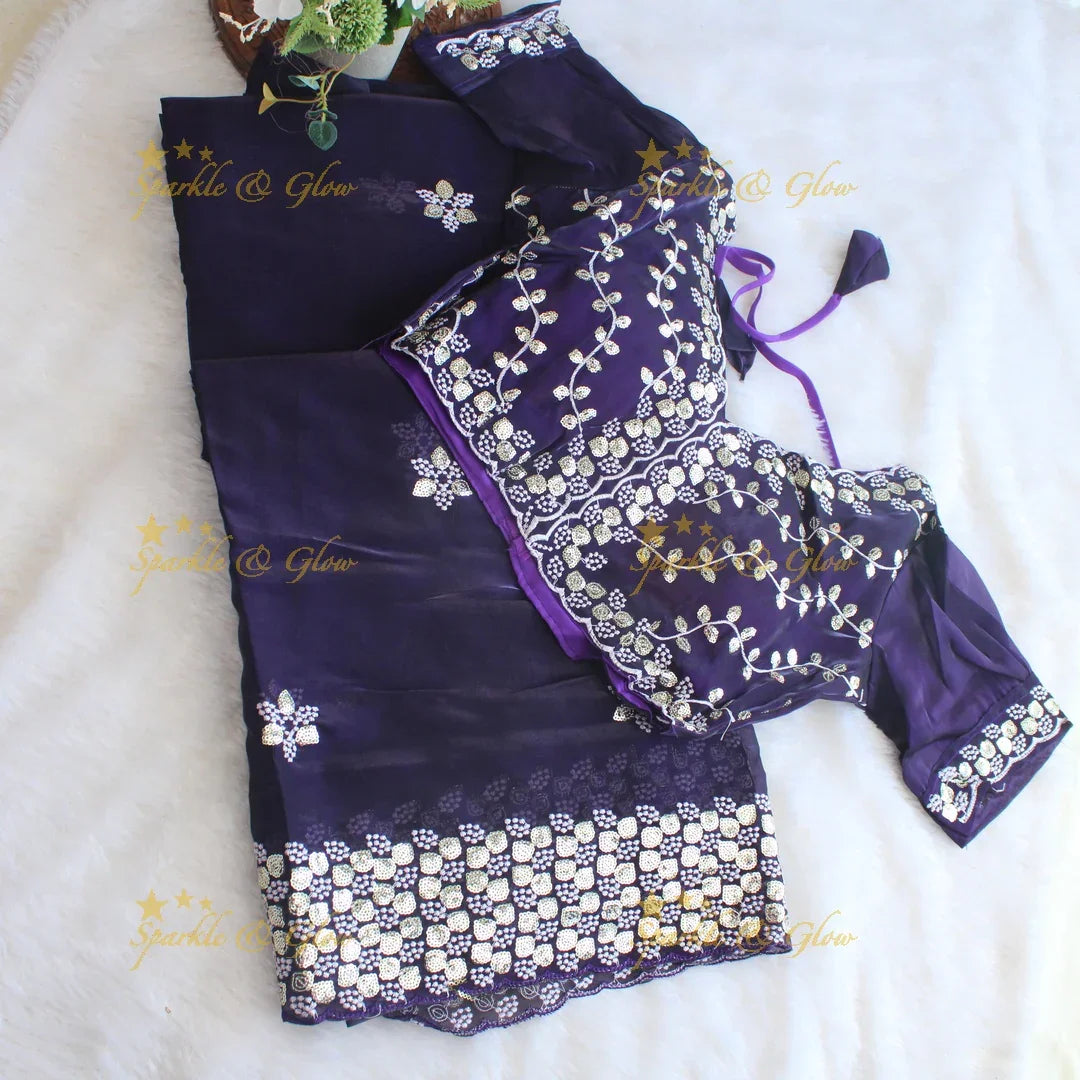 Gorgeous floral and leaf design organza saree with readymade blouse - Sparkle and Glow