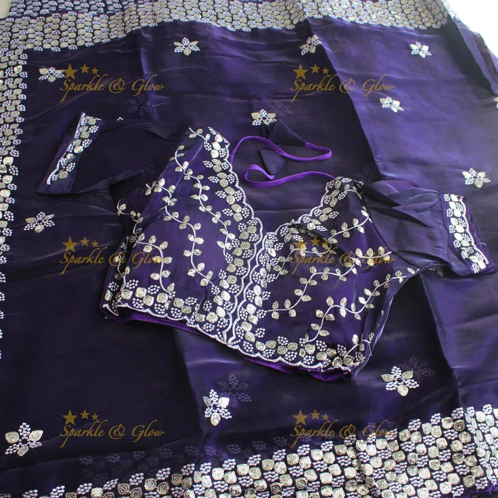 Gorgeous floral and leaf design organza saree with readymade blouse - Sparkle and Glow