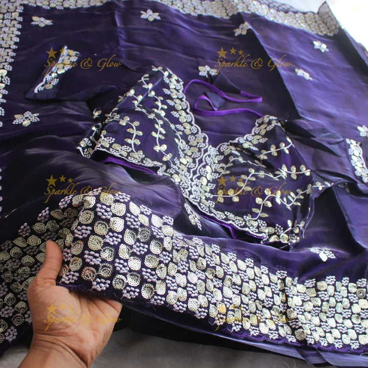 Gorgeous floral and leaf design organza saree with readymade blouse - Sparkle and Glow