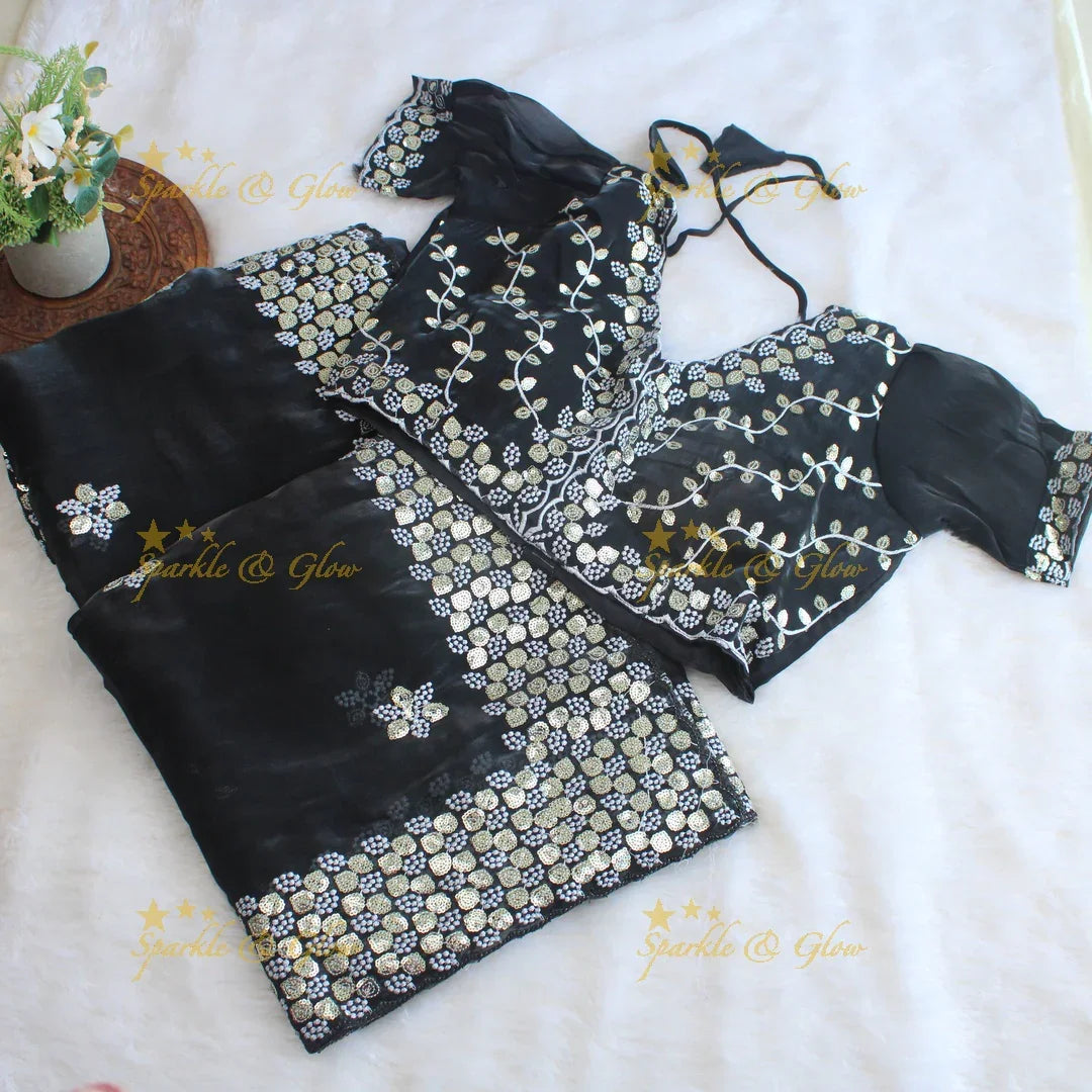 Gorgeous floral and leaf design organza saree with readymade blouse - Sparkle and Glow
