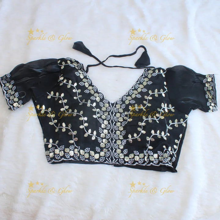 Gorgeous floral and leaf design organza saree with readymade blouse - Sparkle and Glow