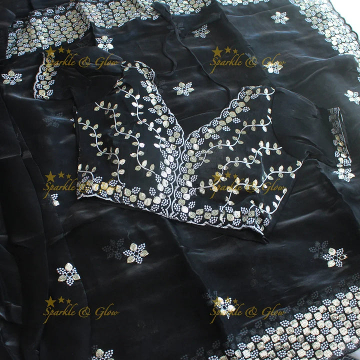 Gorgeous floral and leaf design organza saree with readymade blouse - Sparkle and Glow