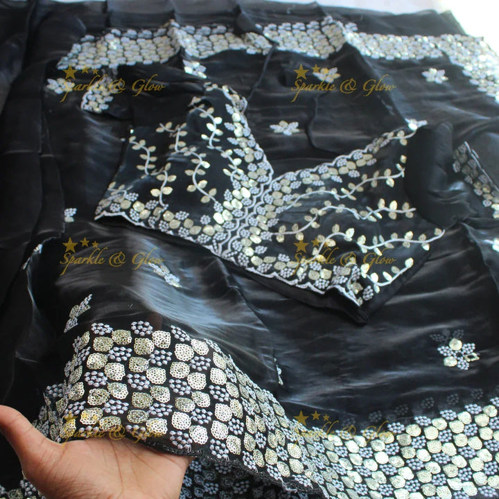 Gorgeous floral and leaf design organza saree with readymade blouse - Sparkle and Glow