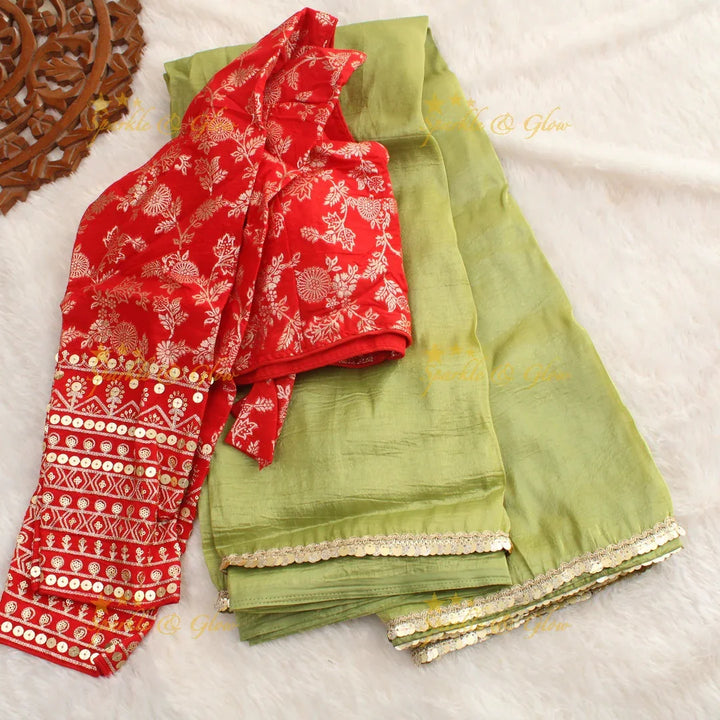 Simple plain pista green tissue organza saree with lace and grand readymade blouse - Sparkle and Glow